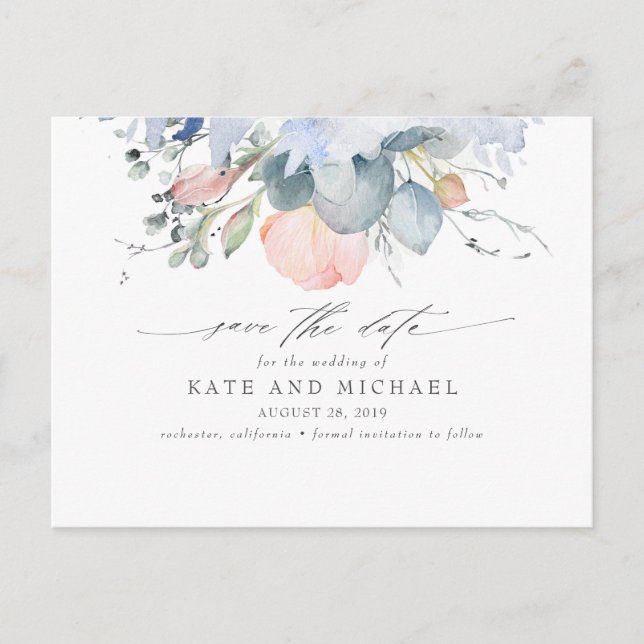 Postal Peach Floral Dusty Blue Boho Save the Date (Anverso)