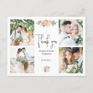 Postal peach Floral Photo Boda Gracias Postcard