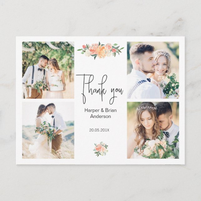 Postal peach Floral Photo Boda Gracias Postcard (Anverso)