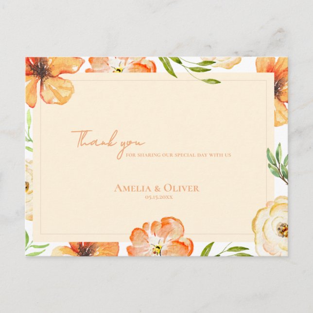 Postal Peach Florals Romantic Garden Wedding Thank You (Anverso)
