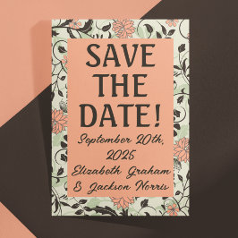 Postal Peach, Green, Brown Chintz Save the Date Postcard
