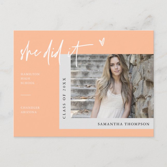 Postal Peach Minimal Photo Lo Hizo Graduación (Anverso)