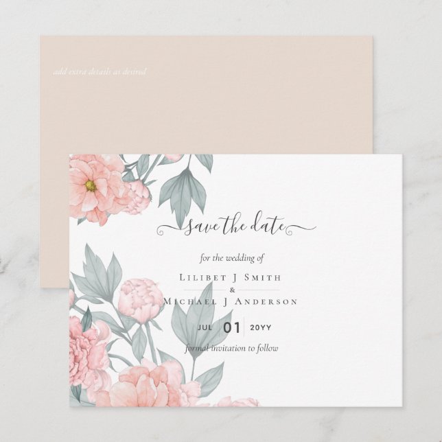 Postal Peach Peonies Sage Floral Boda Save Fechas (Anverso / Reverso)