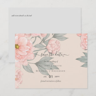 Postal Peach Peonies Sage Floral Boda Save Fechas