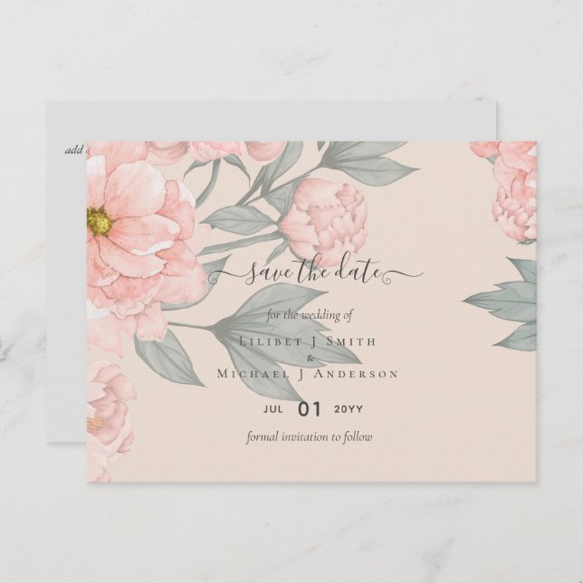 Postal Peach Peonies Sage Floral Boda Save Fechas (Anverso / Reverso)
