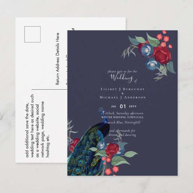Postal Peacock Blue Burgundy Winter Fall Wedding Budget (Anverso / Reverso)