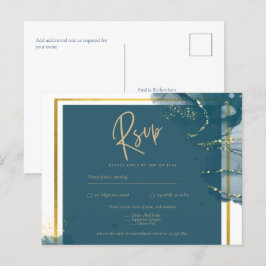 Postal Peacock Blue Gold Alcohol INK Boda de Moda RSVP