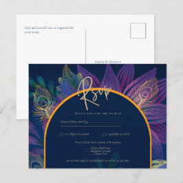 Postal Peacock Blue Jewel Tones Floral Gold Boda de texto