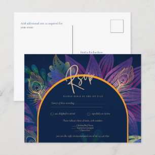 Postal Peacock Blue Jewel Tones Floral Gold Boda de texto