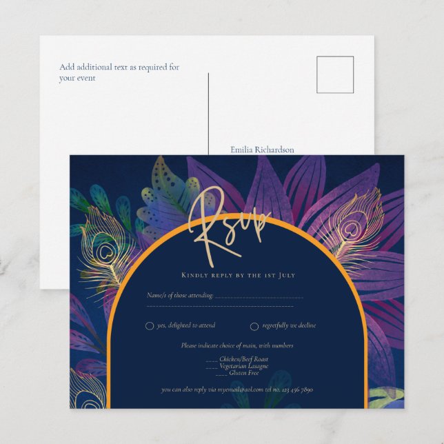 Postal Peacock Blue Jewel Tones Floral Gold Boda de texto (Anverso / Reverso)