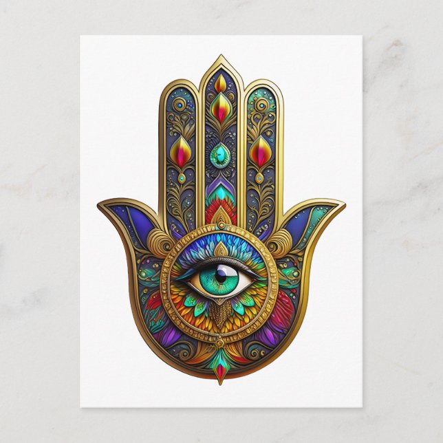 Postal Peacock Color Flower Petals Hamsa Green Third Eye (Anverso)