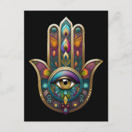 Postal Peacock Colors Hamsa w/ Gold Third Eye