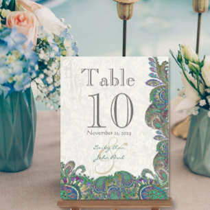 Postal Peacock Colors Paisley Wedding Table Number