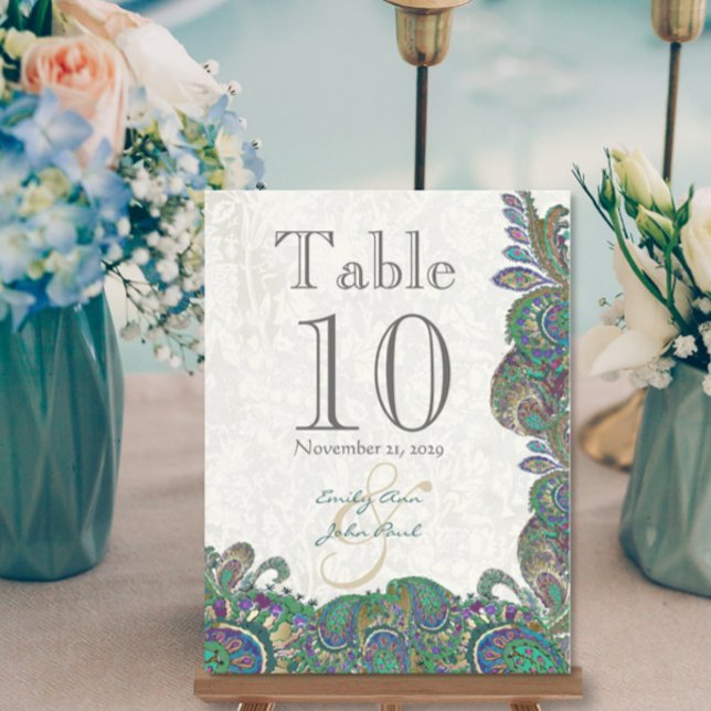 Postal Peacock Colors Paisley Wedding Table Number (Subido por el creador)