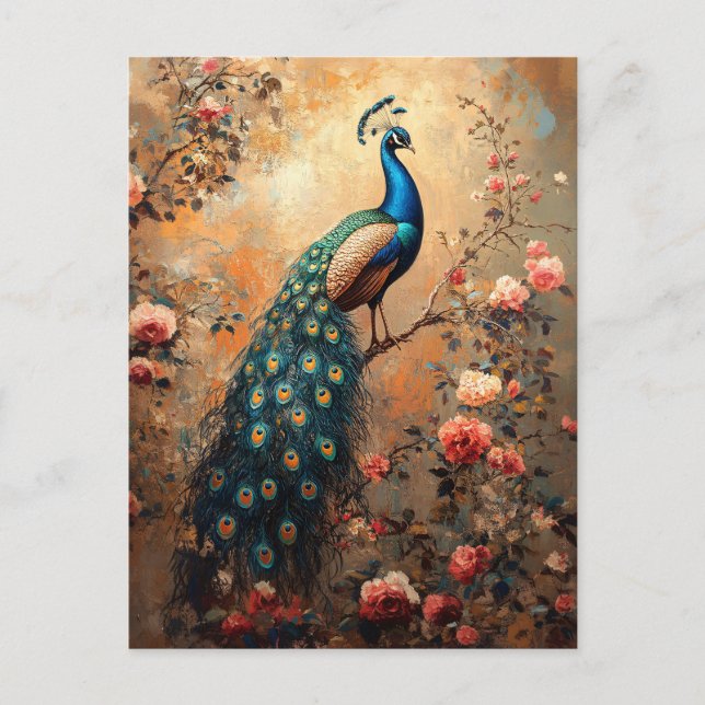 Postal Peacock con pintura de rosas rosadas de Rubor (Anverso)