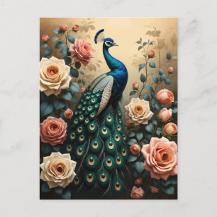 Postal Peacock con rosas rosa y rosa