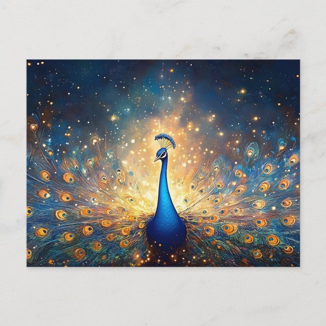 Postal Peacock cósmico con plumas estelares (Anverso)
