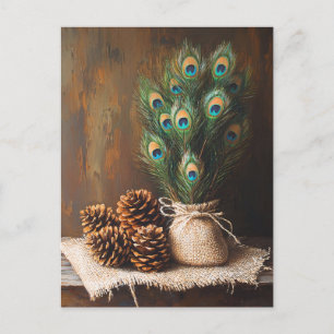 Postal Peacock de vida aún contiene pinecones