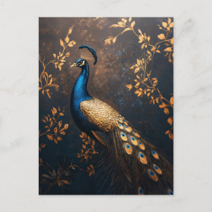 Postal Peacock en azul y oro
