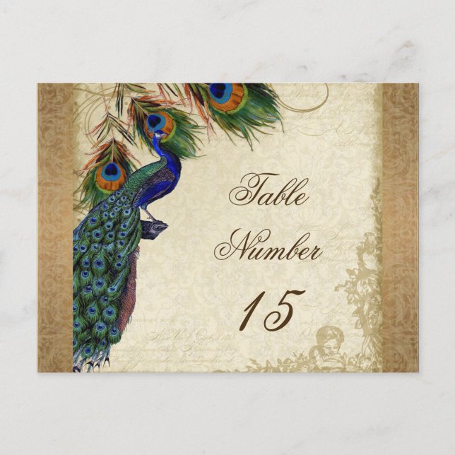 Postal Peacock & Feathers Vintage Gold Look Damask Swirl (Anverso)