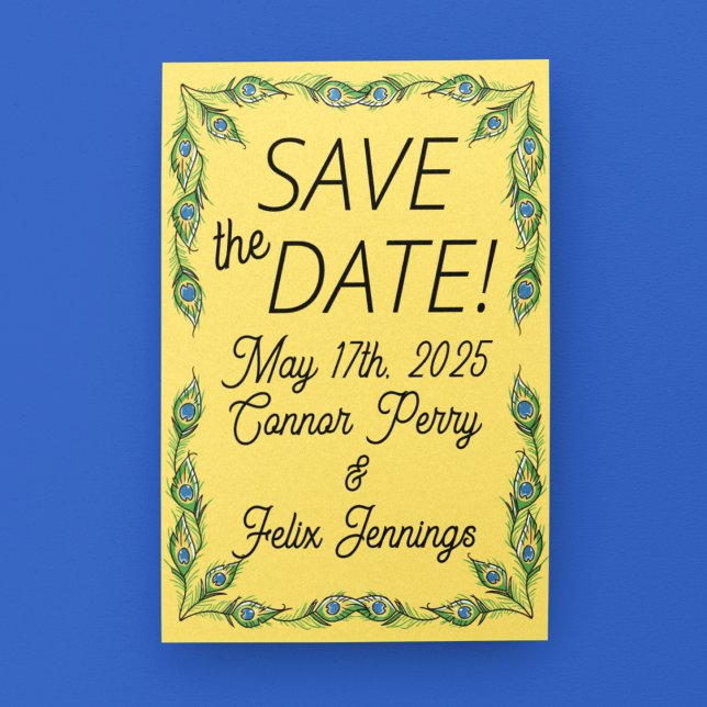 Postal Peacock Feathers Yellow Save-the-Date (Subido por el creador)