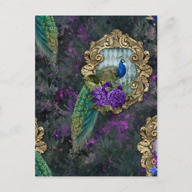 Postal Peacock, flores y marco dorado (Anverso)