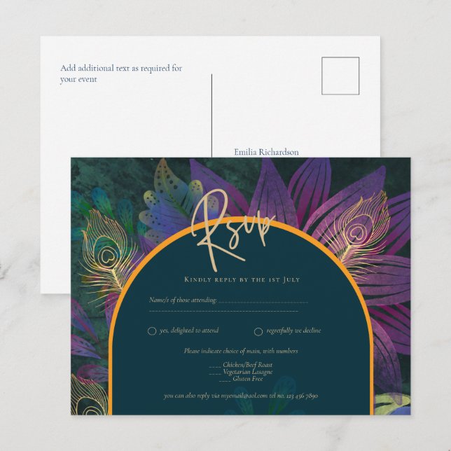 Postal Peacock Jewel Tones Green Blue Boda (Anverso / Reverso)