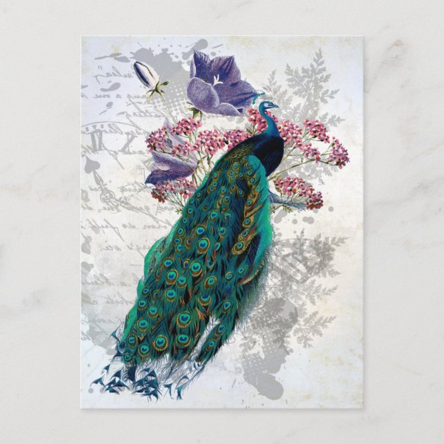 Postal Peacock Purple Flowers Vintage Ephemera Elegante (Anverso)