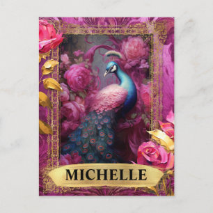 Postal Peacock romántico de Fuchsia y Rosas