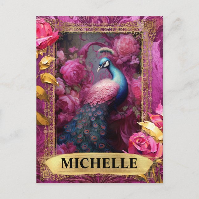 Postal Peacock romántico de Fuchsia y Rosas (Anverso)