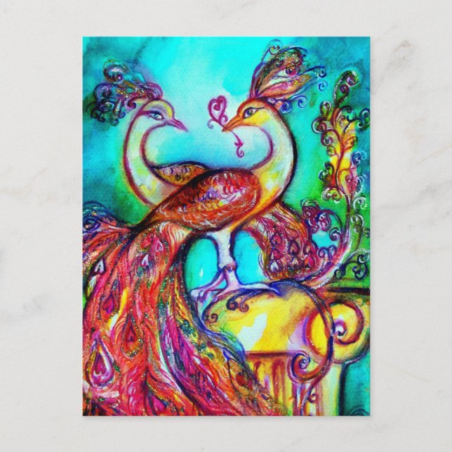Postal PEACOCKS EN AMOR MONOGRAMA azul turquesa rojo verd (Anverso)