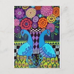 Postal Peacocks with Flowers Art by Heather Galler