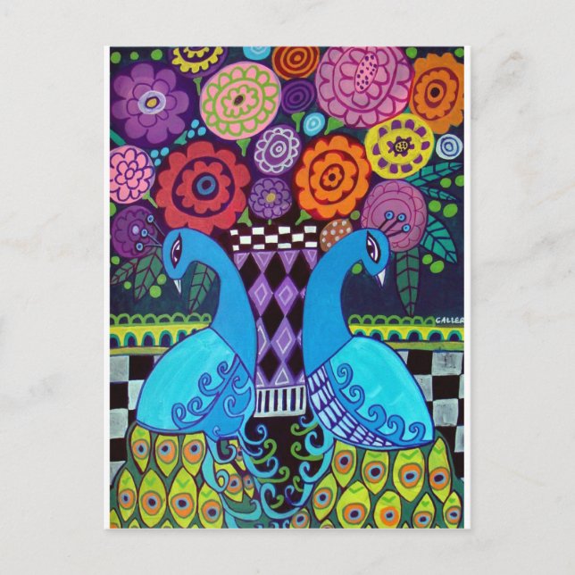 Postal Peacocks with Flowers Art by Heather Galler (Anverso)