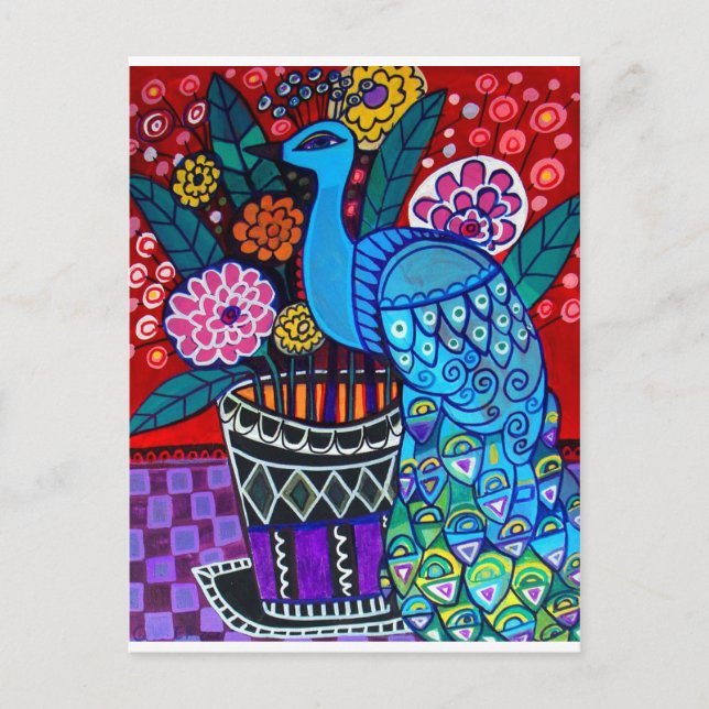 Postal Peacocks with Flowers Art by Heather Galler (Anverso)