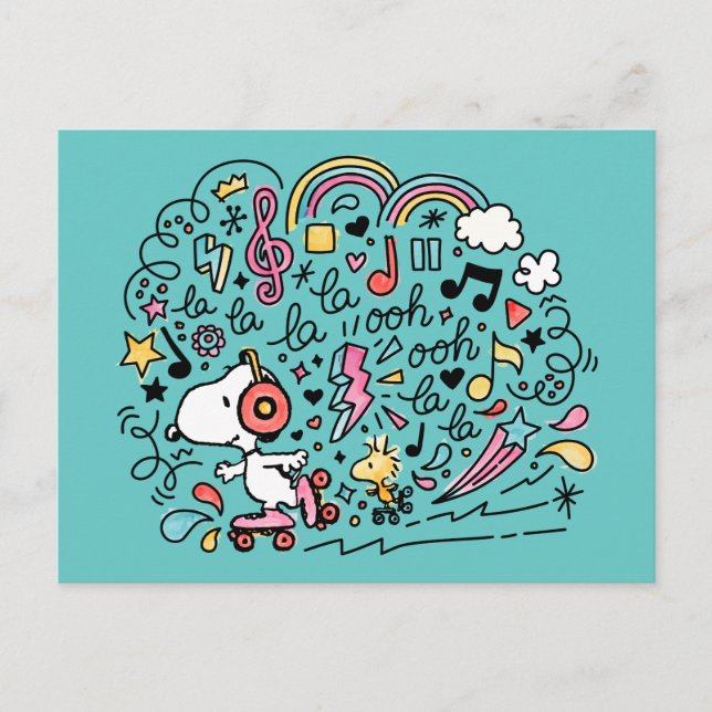 Postal Peanuts | Snoopy y Woodstock en patines sobre rued (Anverso)