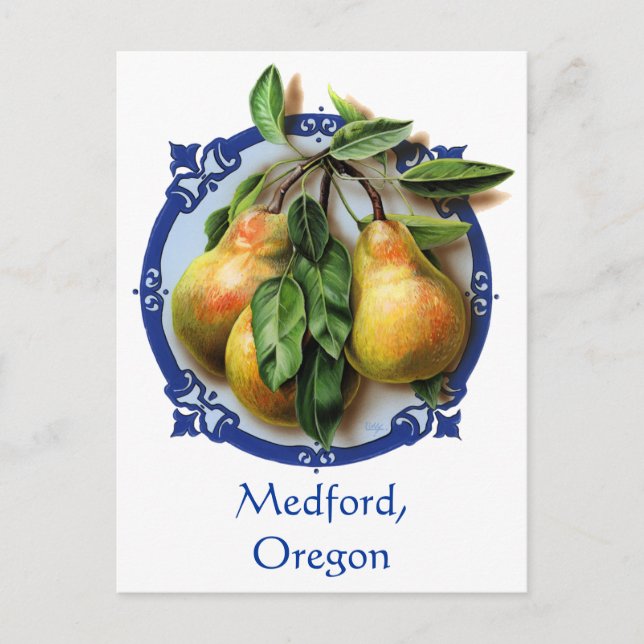 Postal Pear Capitol del mundo Medford, Oregon Souvenir. (Anverso)
