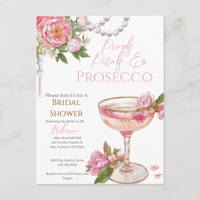 Postal Pearls, Petals & Prosecco Bridal Shower Invitation (Anverso)