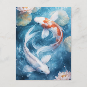 Postal Peces Koi Blancos y Naranjas Girando en una Laguna