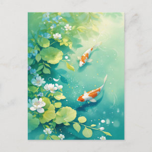 Postal Peces Koi Nadando en Jardín de Agua Esmeralda Verd
