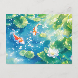 Postal Peces Koi nadando en un estanque de lotos azules b