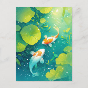 Postal Peces Koi nadando en un estanque verde de lirios i