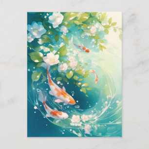 Postal Peces Koi nadando en un jardín acuático floral tur