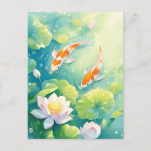 Postal Peces Koi nadando en una charca de flores de loto 