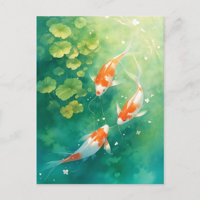 Postal Peces Koi nadando en una charca de lirios esmerald (Anverso)