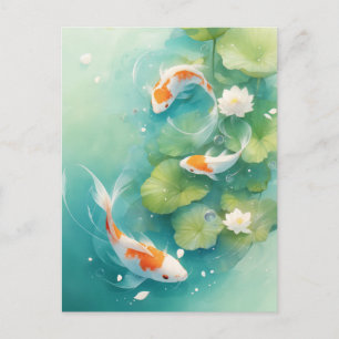 Postal Peces Koi nadando en una laguna de loto turquesa