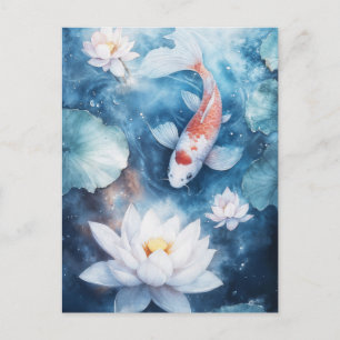 Postal Peces Koi nadando en una laguna de lotos índigo te