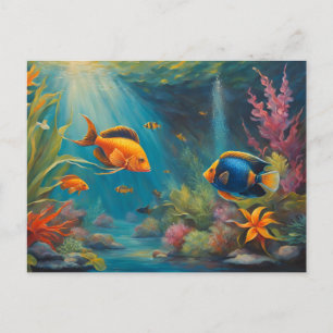 Postal Peces tropicales en el océano con coral y algas ma