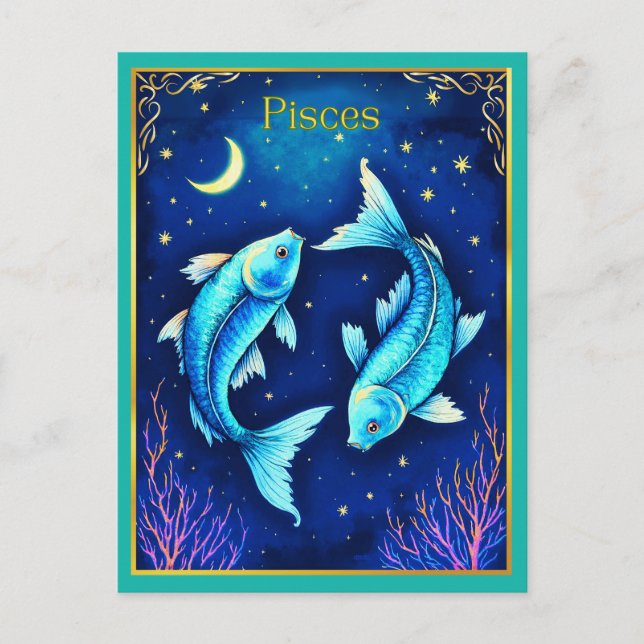 Postal Peces Zodíaco Piscis Nadando en Aguas Cósmicas (Anverso)