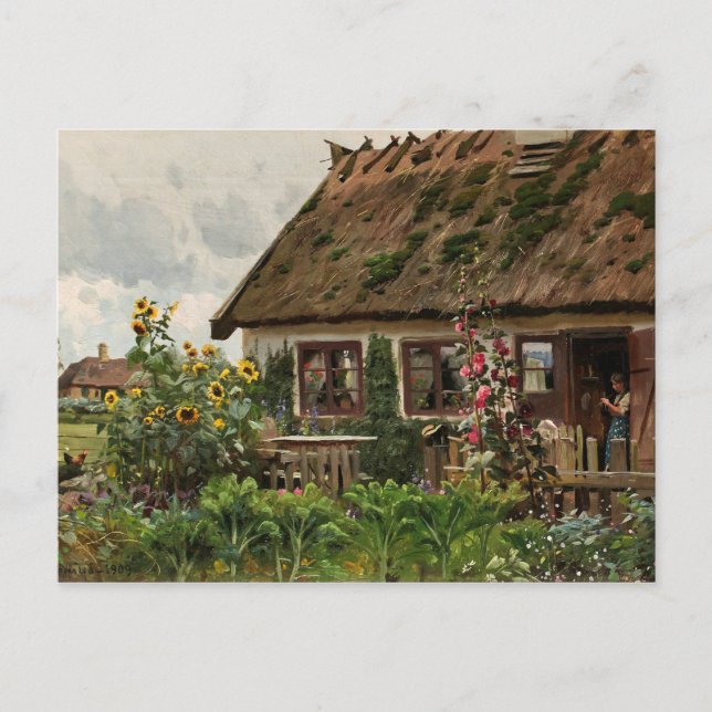 Postal Peder Monsted - Chica tejiendo en la puerta (Anverso)