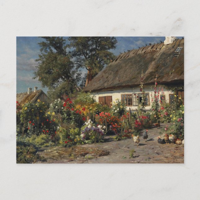 Postal Peder Monsted - Un Jardín de Cabaña con Pollos (Anverso)